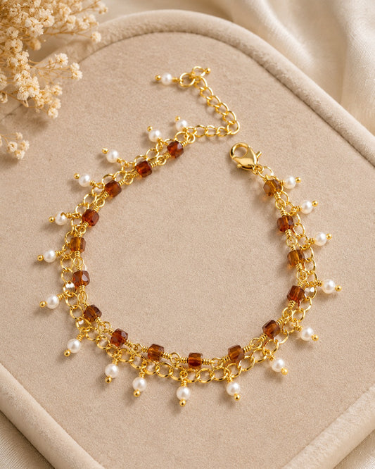 Amber Cube & Freshwater Pearl Double Fringe Gold Bracelet (925 Silver)