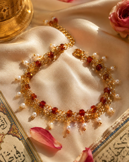 Amber Cube & Freshwater Pearl Double Fringe Gold Bracelet (925 Silver)