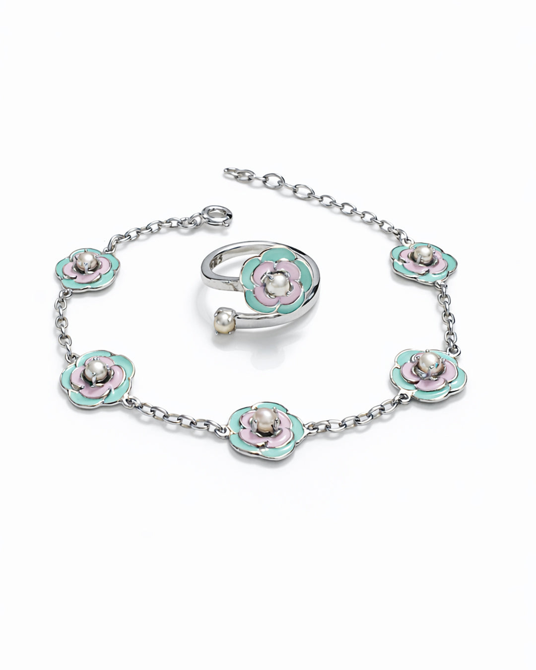 Rosetta Mint Pink Bracelet with Ring (925 Silver)