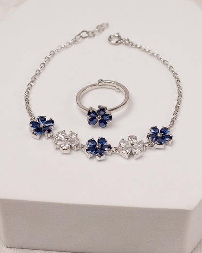 Blooming Five Flower Sapphaire Bracelet with Ring (925 Silver)
