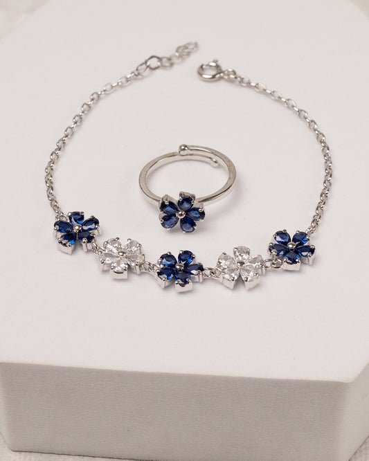 Blooming Five Flower Sapphaire Bracelet with Ring (925 Silver)