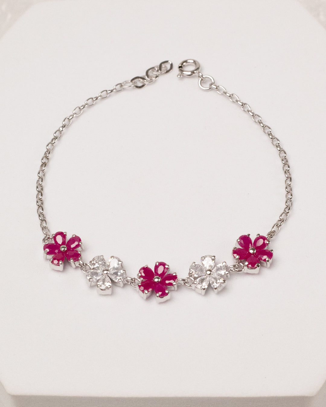 Blooming Five Flower Ruby Bracelet with Ring (925 Silver)