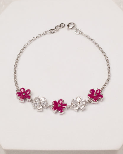 Blooming Five Flower Ruby Bracelet with Ring (925 Silver)