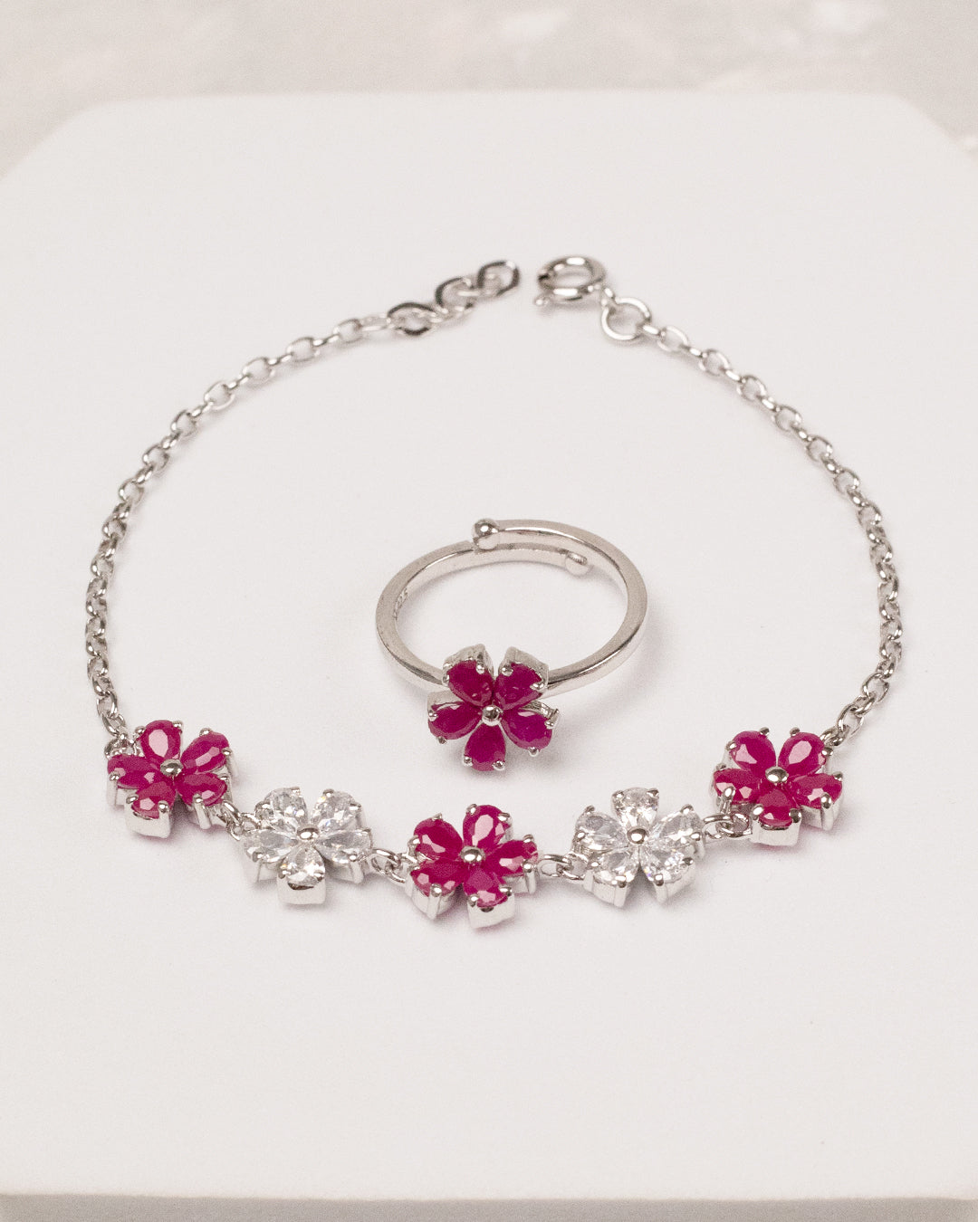 Blooming Five Flower Ruby Bracelet with Ring (925 Silver)