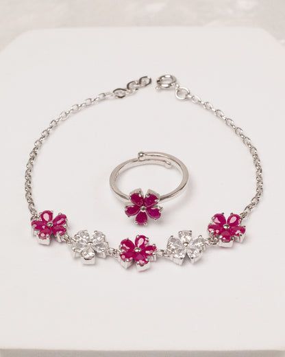 Blooming Five Flower Ruby Bracelet with Ring (925 Silver)