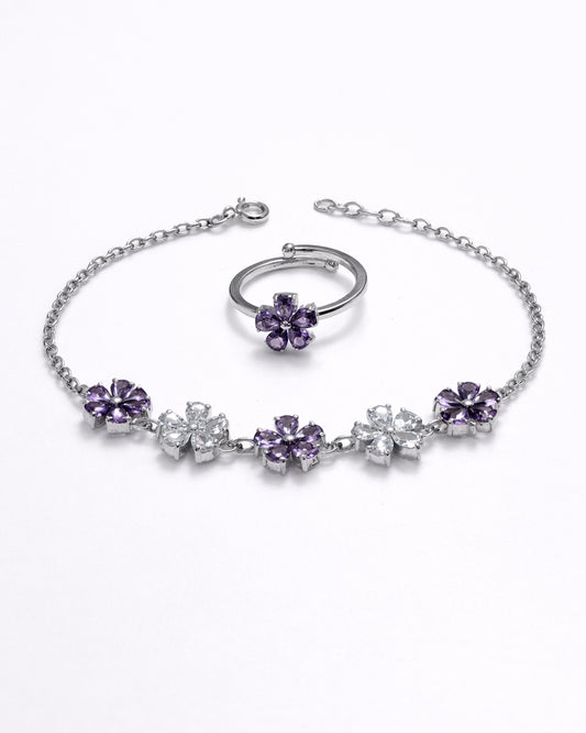 Blooming Five Flower Amethsty Bracelet with Ring (925 Silver)