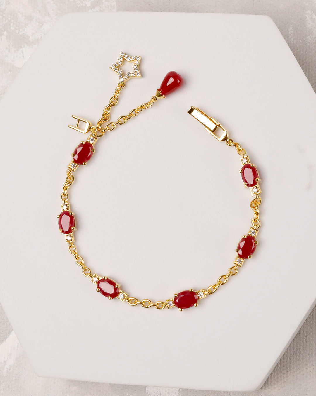 Ruby Star Charm Link Bracelet with Ring (925 Silver)