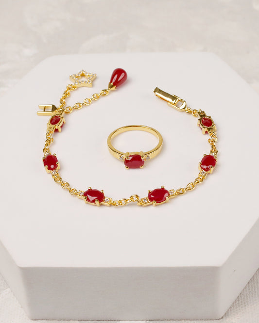 Ruby Star Charm Link Bracelet with Ring (925 Silver)