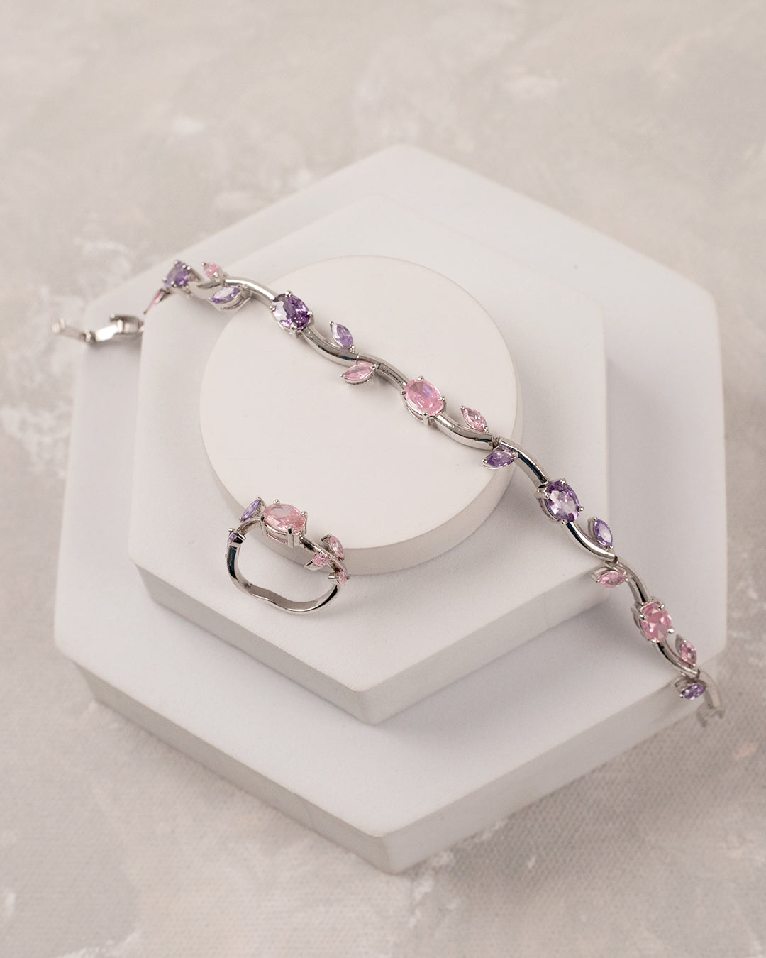 Pastel Tulip Style Bracelet with Ring (925 Silver)