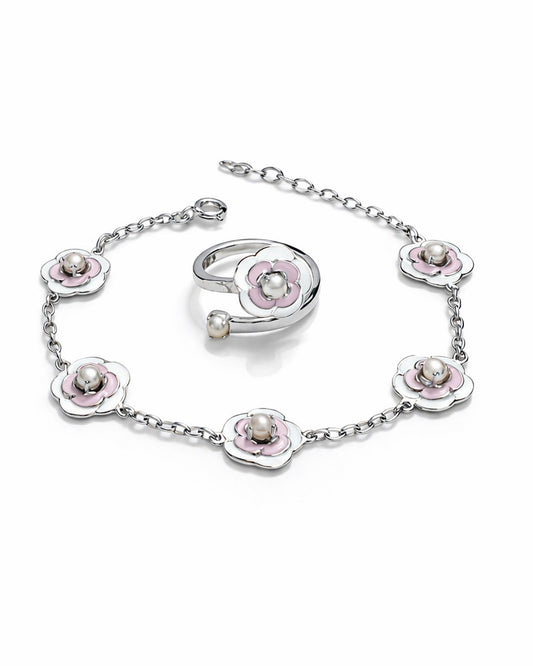 Rosetta White Pink Bracelet with Ring (925 Silver)