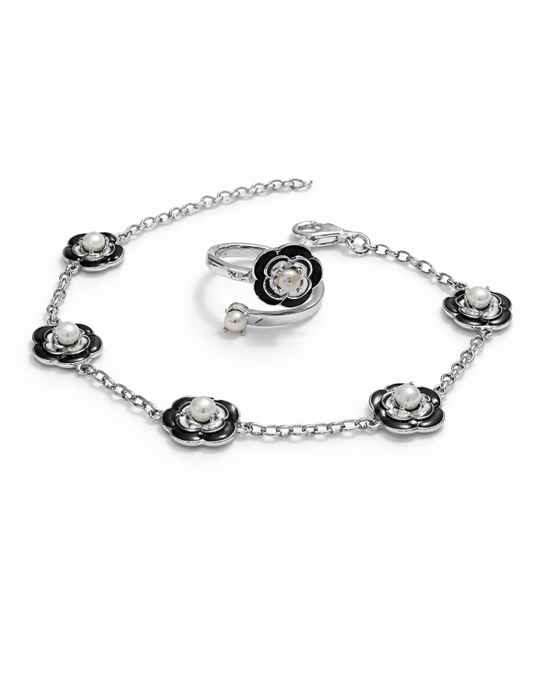 Rosetta Black White Bracelet with Ring (925 Silver)