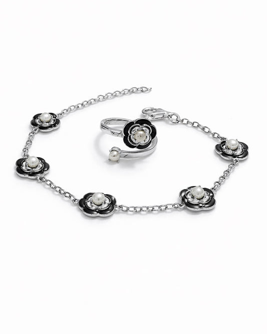 Rosetta Black White Bracelet with Ring (925 Silver)