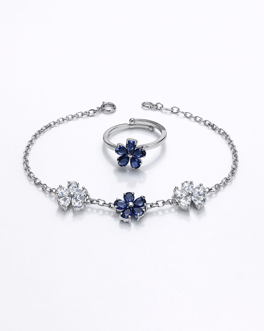 Blooming Three Flower Sapphaire Bracelet with Ring (925 Silver)