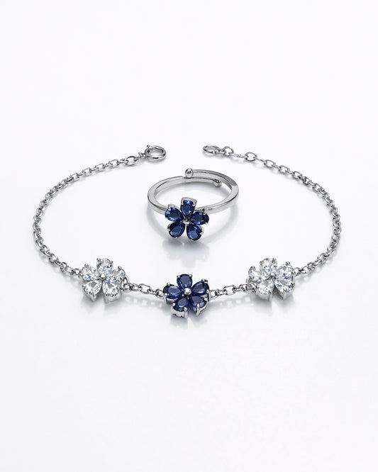 Blooming Three Flower Sapphaire Bracelet with Ring (925 Silver)