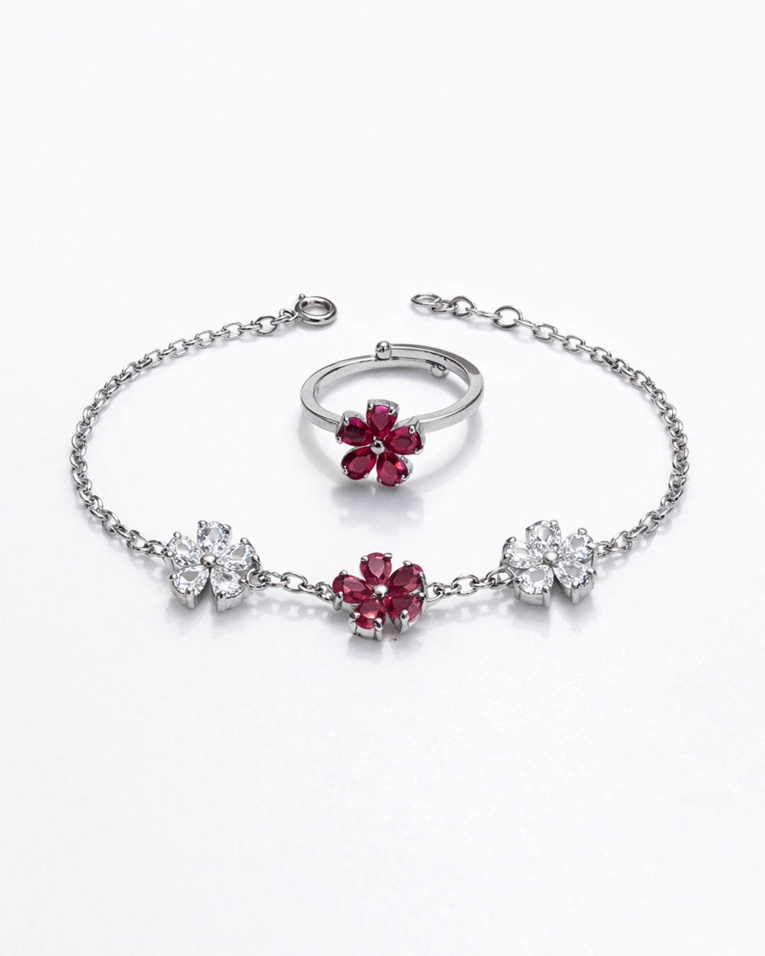 Blooming Three Flower Ruby Bracelet with Ring (925 Silver)