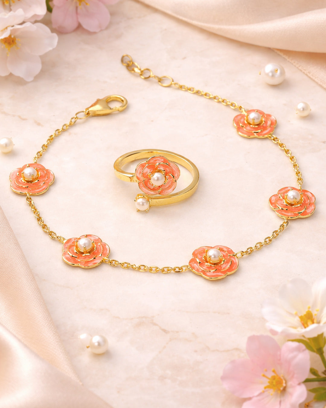 Rosetta Peach Bracelet with Ring (925 Silver)