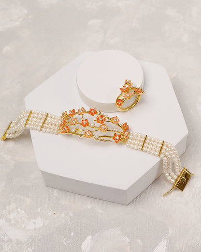 Aura Peach Flower Bracelet with Ring (925 Silver)