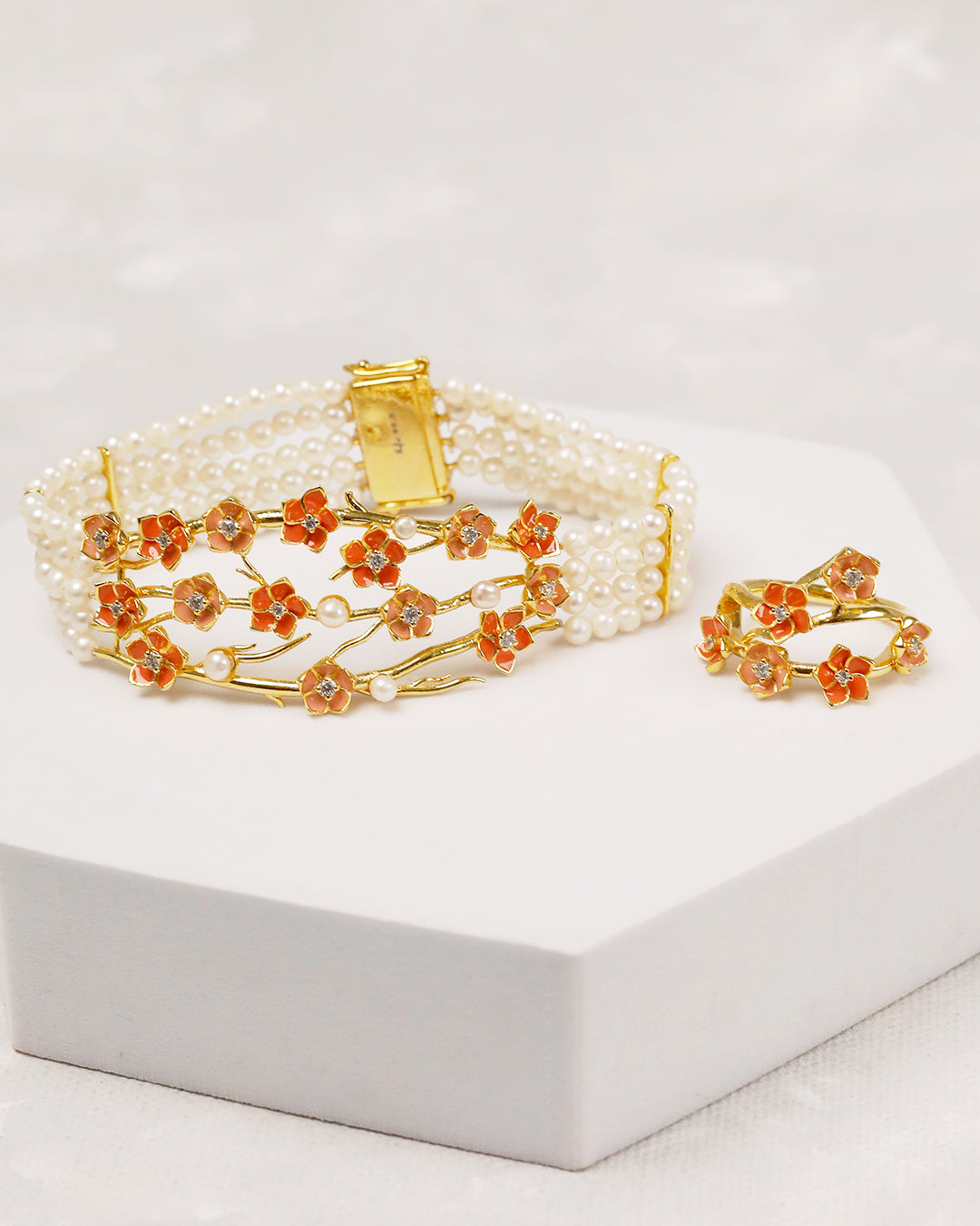 Aura Peach Flower Bracelet with Ring (925 Silver)