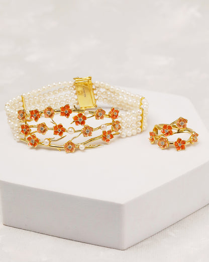 Aura Peach Flower Bracelet with Ring (925 Silver)