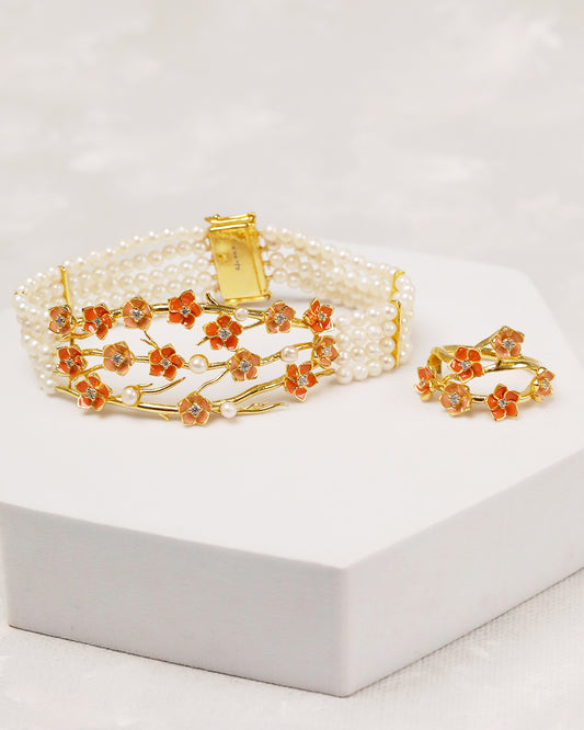 Aura Peach Flower Bracelet with Ring (925 Silver)