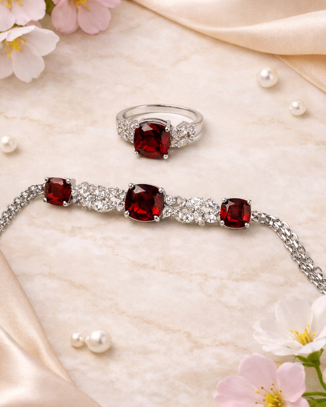 Garnett Cushion Radiance Bracelet with Ring (925 Silver)