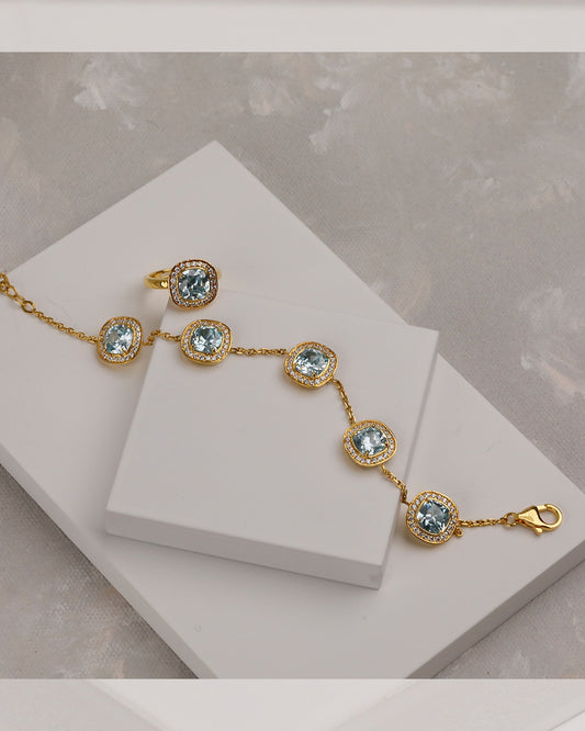 Aqua Cushion Link Bracelet with Ring (925 Silver)