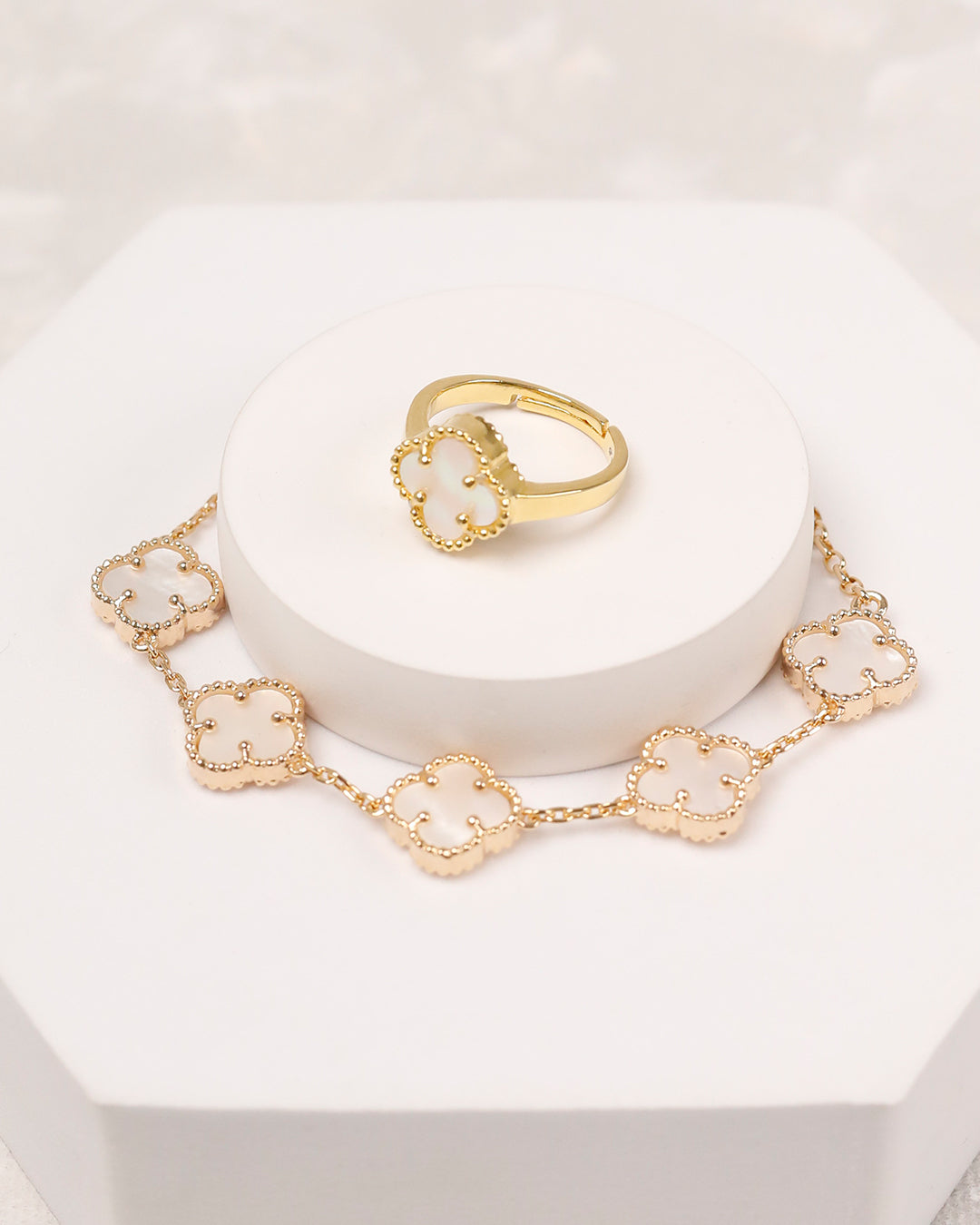 Clover Mother Pearl Bracelet with Ring (925 Silver)