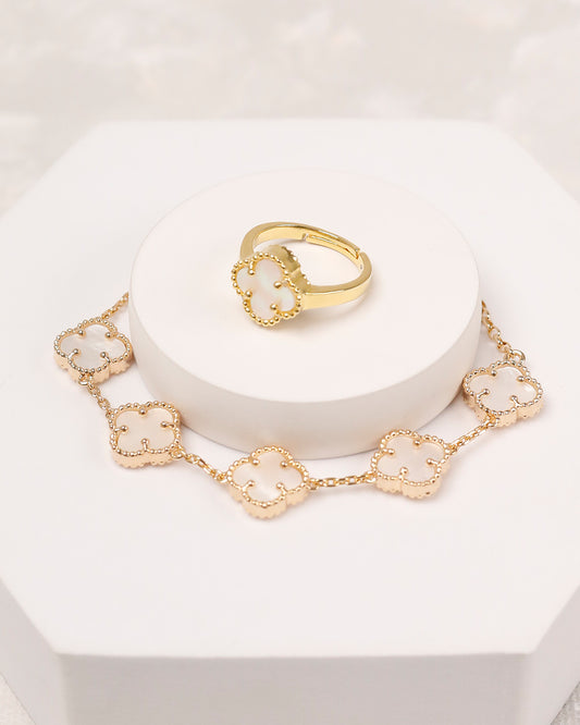 Clover Mother Pearl Bracelet with Ring (925 Silver)
