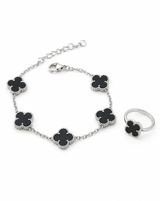 Clover Black Bracelet with Ring (925 Silver)