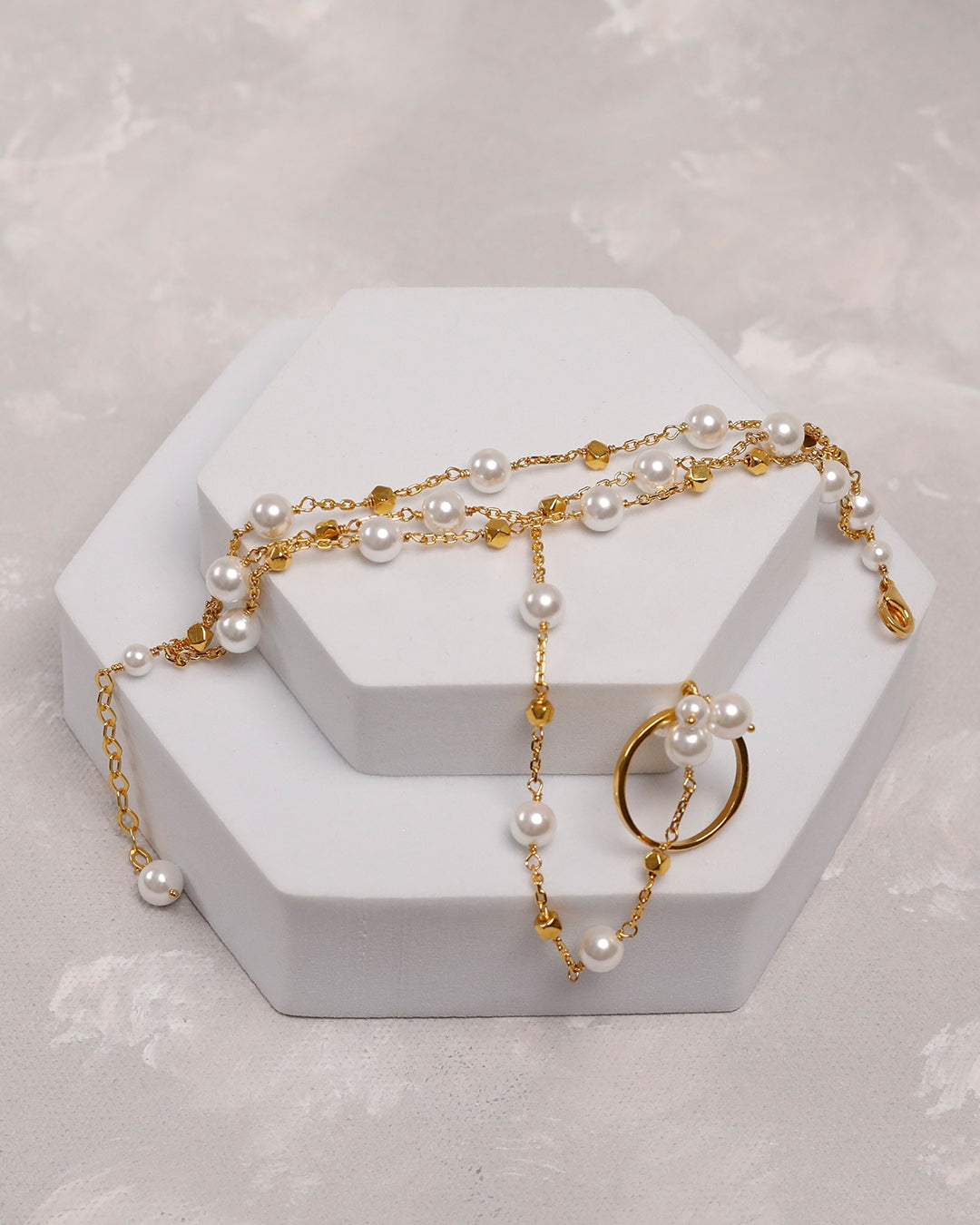 Trio Pearl Hand Chain Bracelet with Ring (925 Silver)