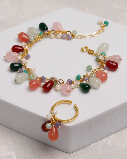 Droplet Gem Bracelet with Ring (925 Silver)