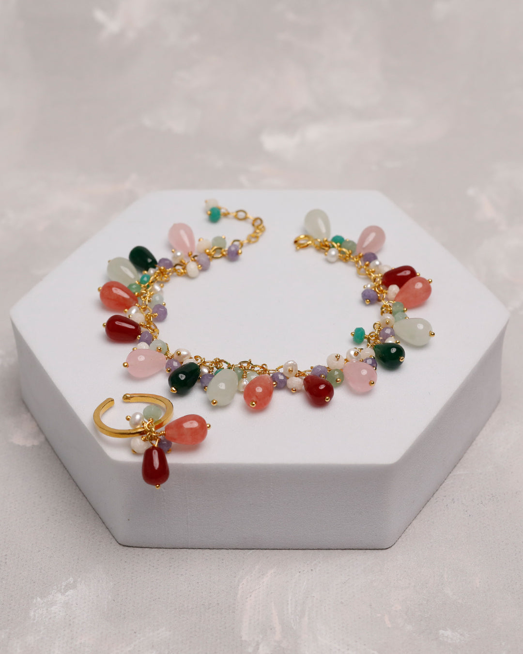 Droplet Gem Bracelet with Ring (925 Silver)