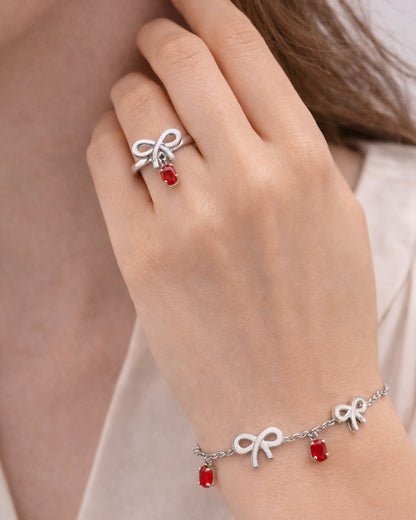 Ruby Bow Bracelet with Ring (925 Silver)