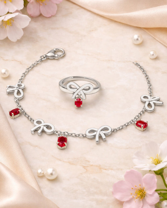 Ruby Bow Bracelet with Ring (925 Silver)