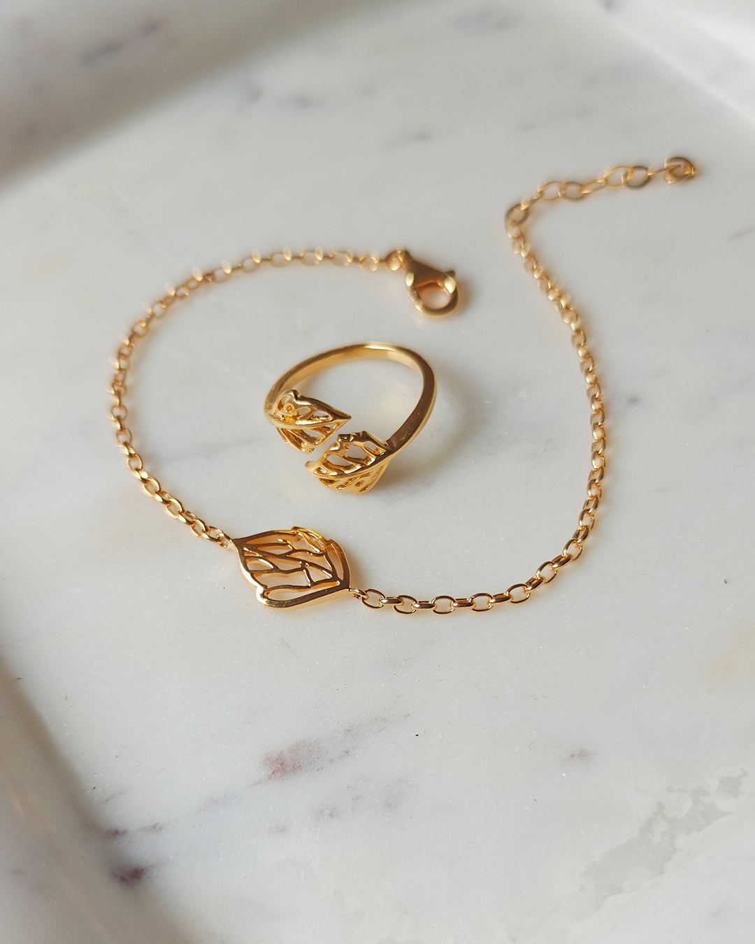 Skeleton Leaf Bracelet with Ring (925 Silver)