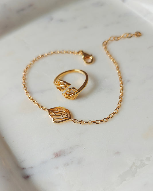 Skeleton Leaf Bracelet with Ring (925 Silver)