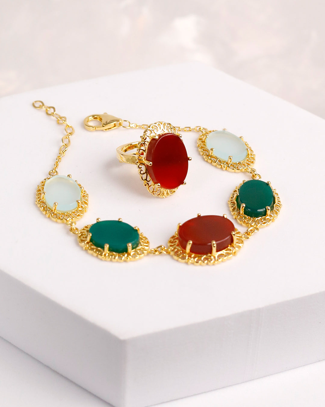 Multi Aqeeq Filigree Bracelet with Ring (925 Silver)
