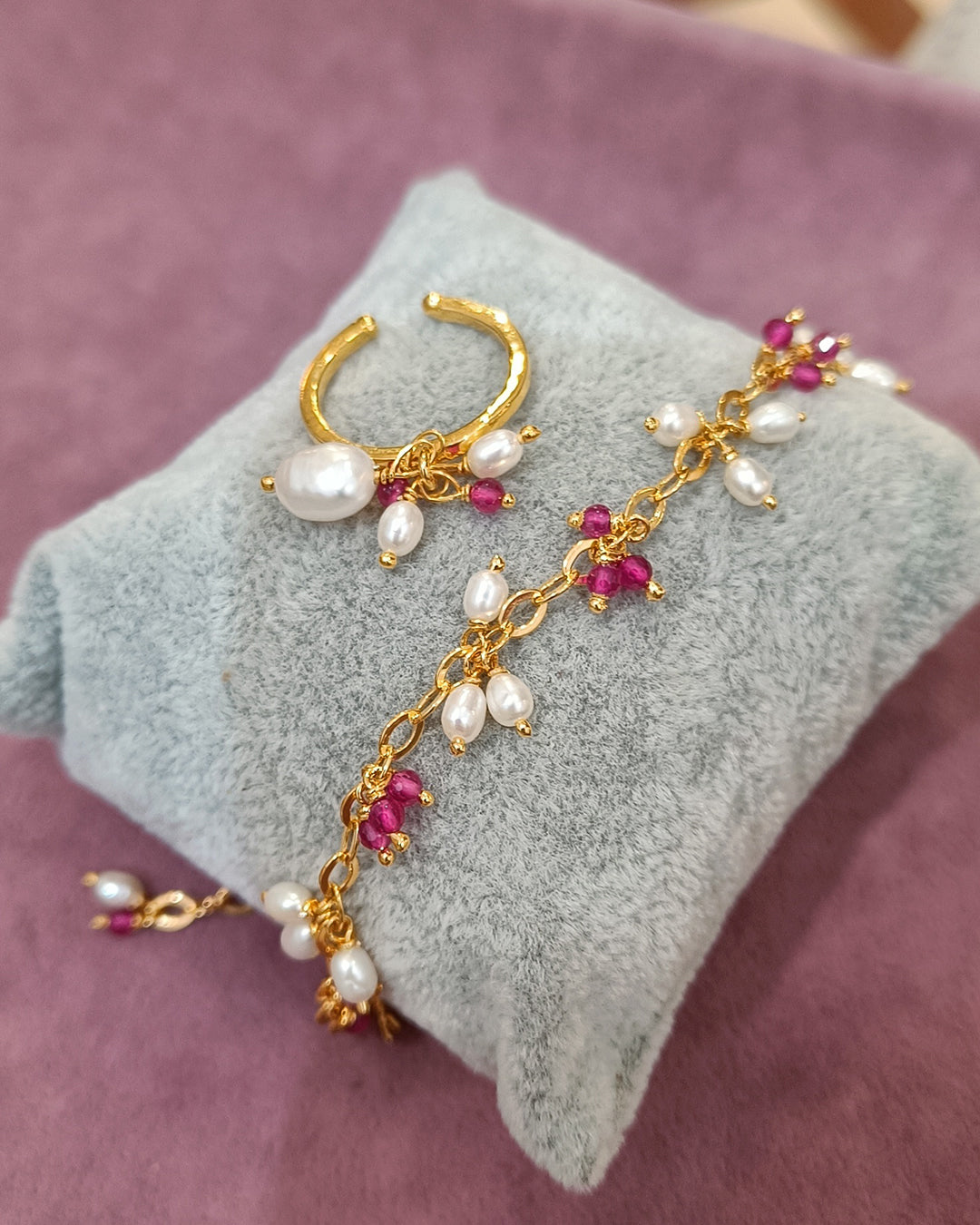 Rice Ruby Bracelet with Ring (925 Silver)