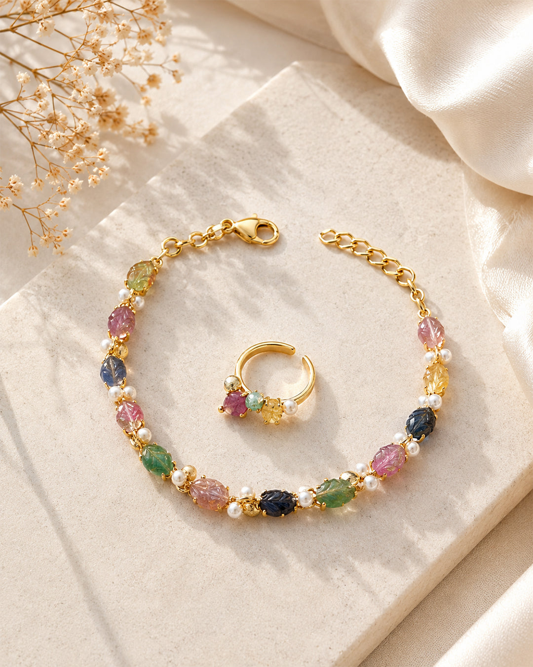 Gemstone Leaf Bracelet with Ring (925 Silver)
