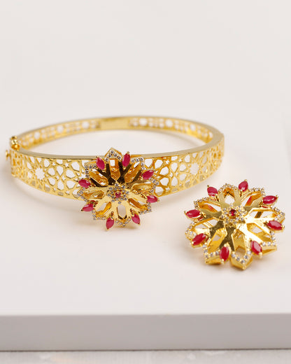 Arabic Ruby Starburst CZ Cuff & Ring Set – 925 Silver