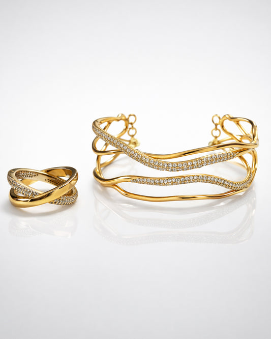 Wave Pave CZ Cuff & Ring Set – 925 Silver