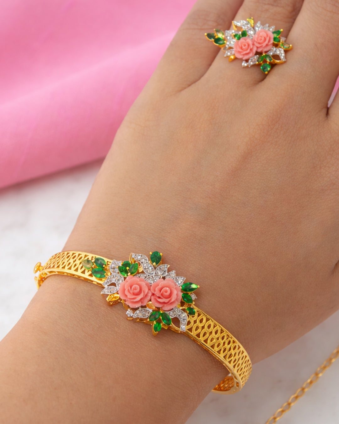 Garden Floral CZ Cuff & Ring Set – 925 Silver