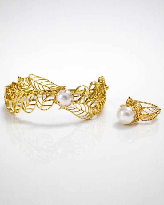 Skeleton Leaf Pearl Cuff with Ring (925 Silver)