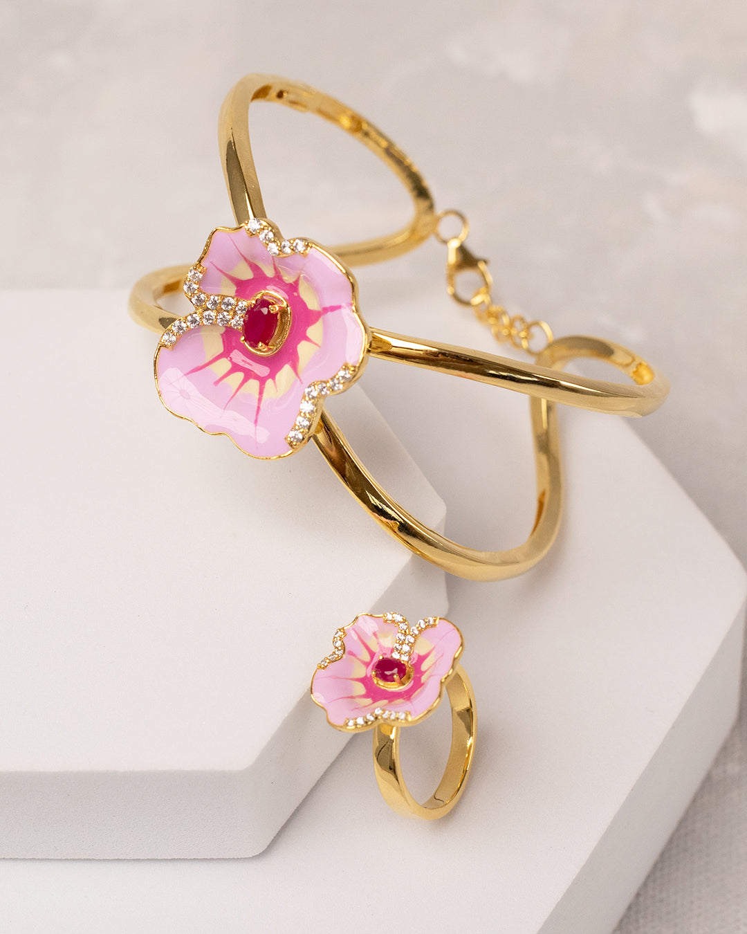 Blush Ruby Floral Open Cuff with Ring (925 Silver)