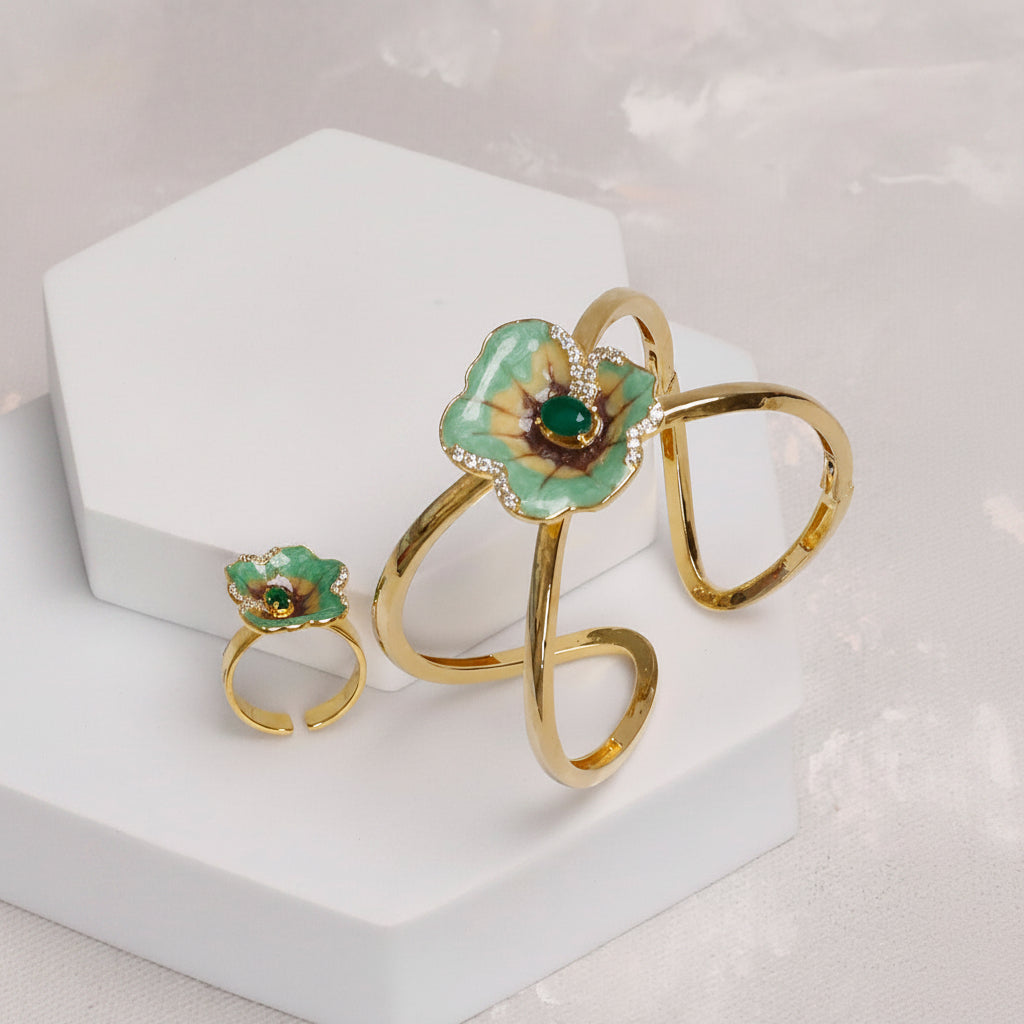 Blush Green Floral Open Cuff with Ring (925 Silver)