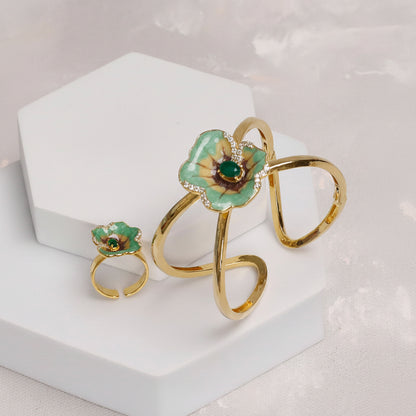 Blush Green Floral Open Cuff with Ring (925 Silver)