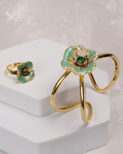 Blush Green Floral Open Cuff with Ring (925 Silver)