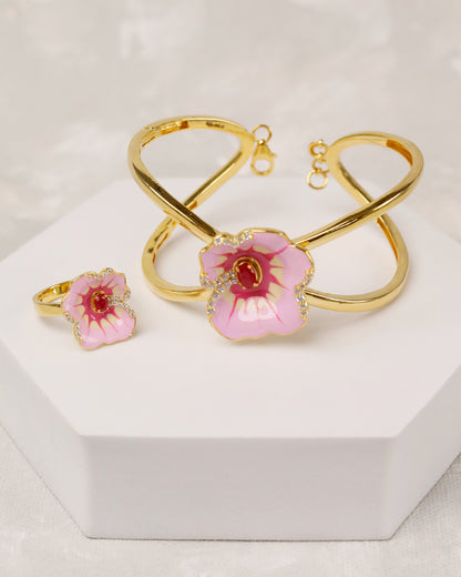 Blush Ruby Floral Open Cuff with Ring (925 Silver)