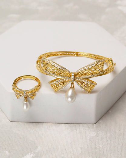 Pearl Bow Luxe Cuff & Ring Set – 925 Silver