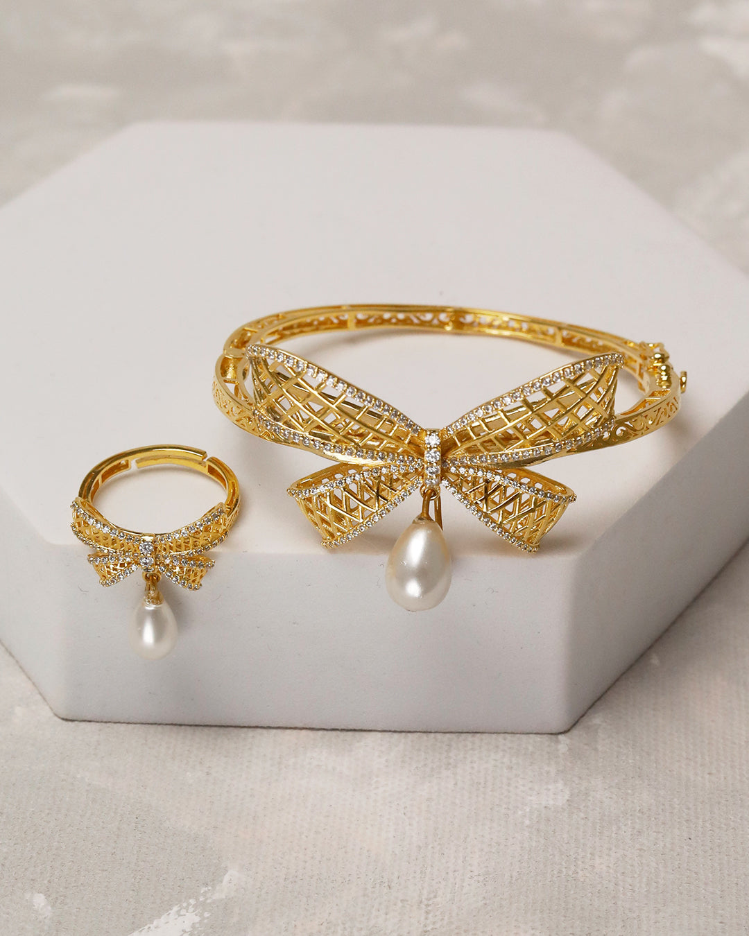 Pearl Bow Luxe Cuff & Ring Set – 925 Silver